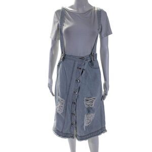 SJYP Womens Blue Light Wash Distress Button Front Denim Overall Skirt Size S